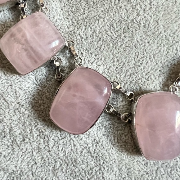 New Natural Rose Quartz Crystal Stone Silver Overlay Cluster Statement Necklace - Picture 5 of 11